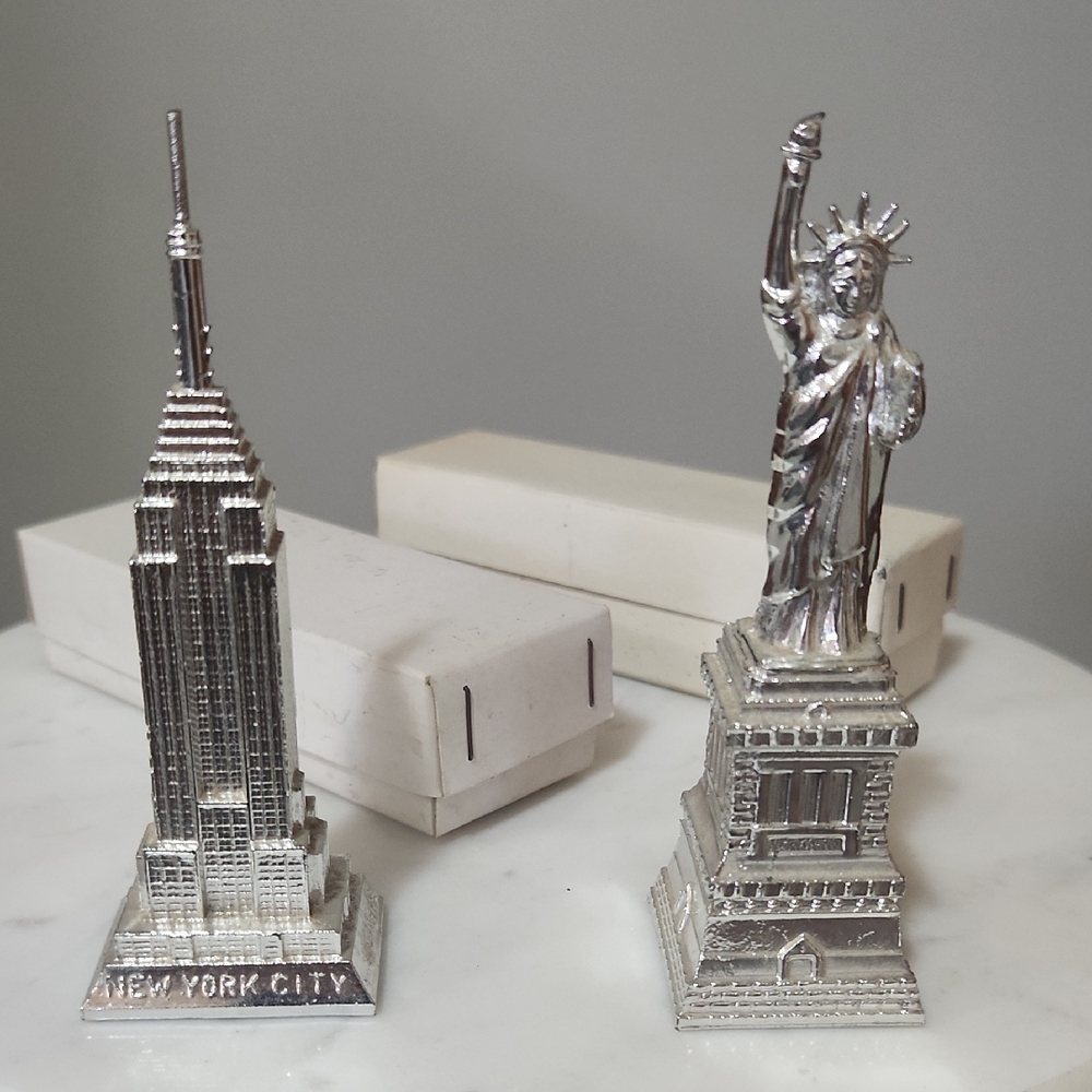Vintage New York City Souvenir Statues Liberty Empire State Silver Cast Aluminum